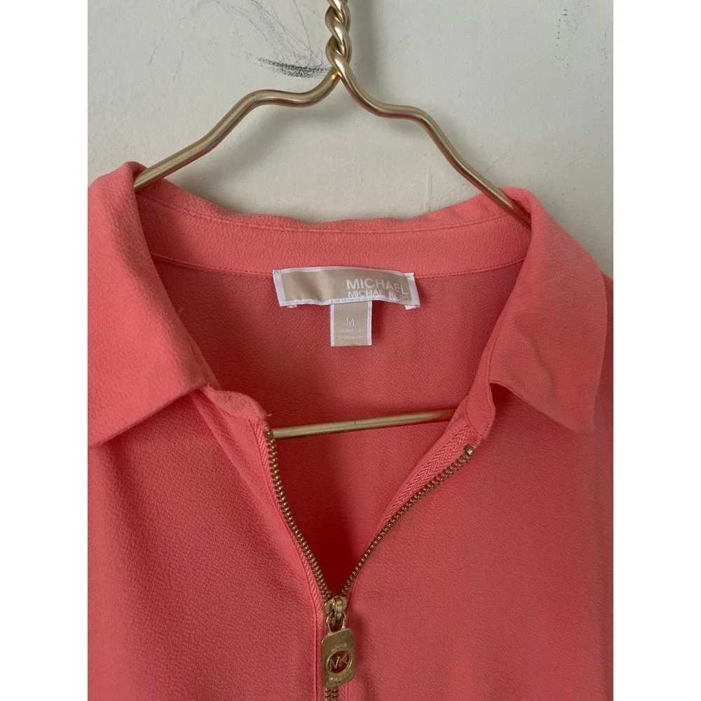 Michael Kors Womens Coral electric Pink Quarter Zip Bishop Sleeve Blouse Medium